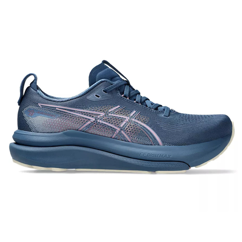 Side view on white background of Womens Asics Gel-Kayano running shoe in Grand Shark/Taro Purple, Medium (Regular) width