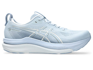 Side view on white background of Womens Asics Gel-Kayano 33 running shoe in Solid Air/Soft Sky, Wide width