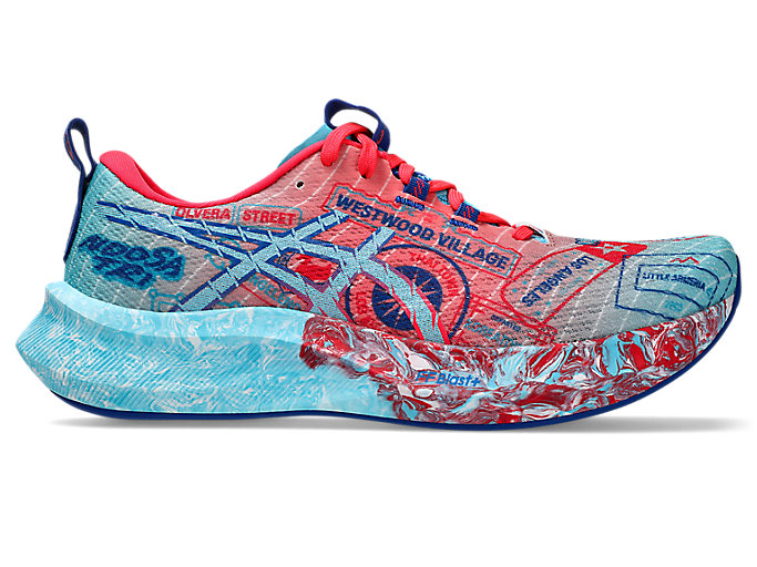Side view on white background of Womens Asics Noosa Tri 16 running shoe in Aquarium/Aquarium, Medium (Regular) width