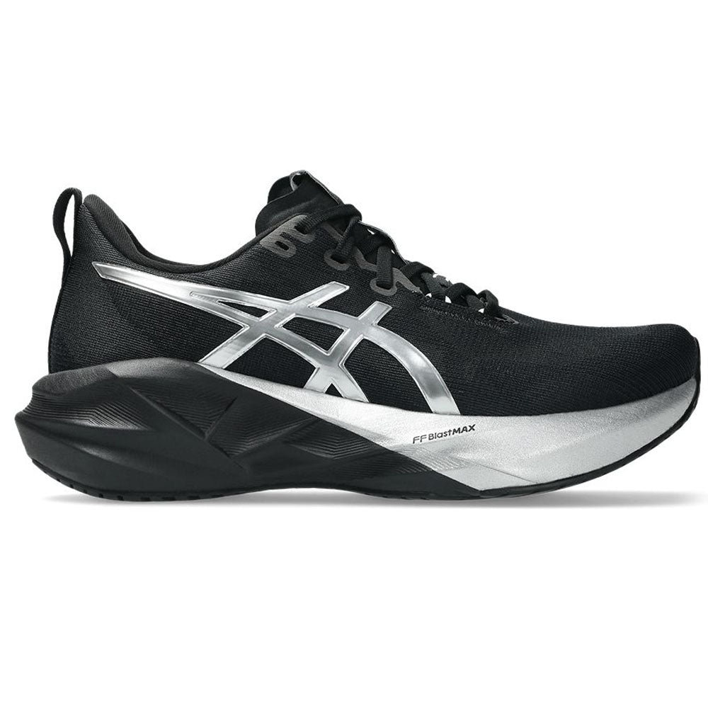 Side view on white background of Womens Asics Novablast running shoe in Platinum/Black, Medium (Regular) width