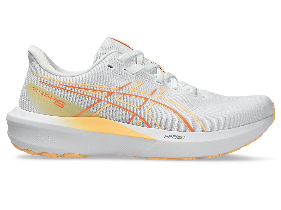 Side view on white background of Womens Asics GT-1000 15 running shoe in White/Vivid Coral, Medium (Regular) width