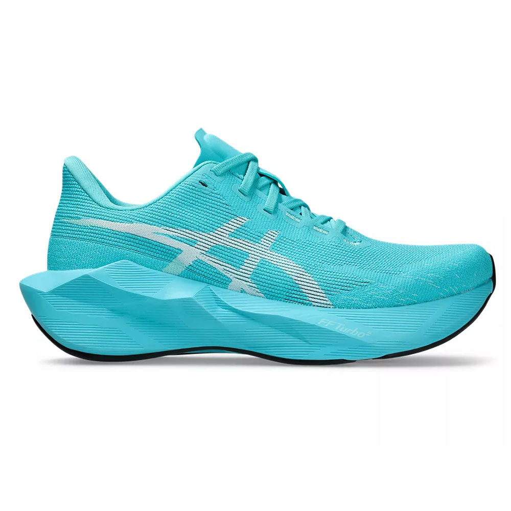 Side view on white background of Womens Asics Novablast running shoe in Energy Aqua/White, Medium (Regular) width