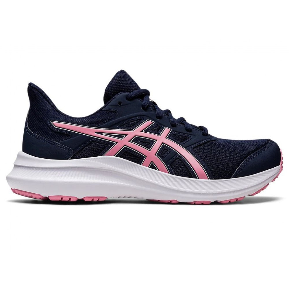 Side view on white background of Womens Asics Jolt 4 running shoe in Midnight/Fruit Punch, Medium (Regular) width