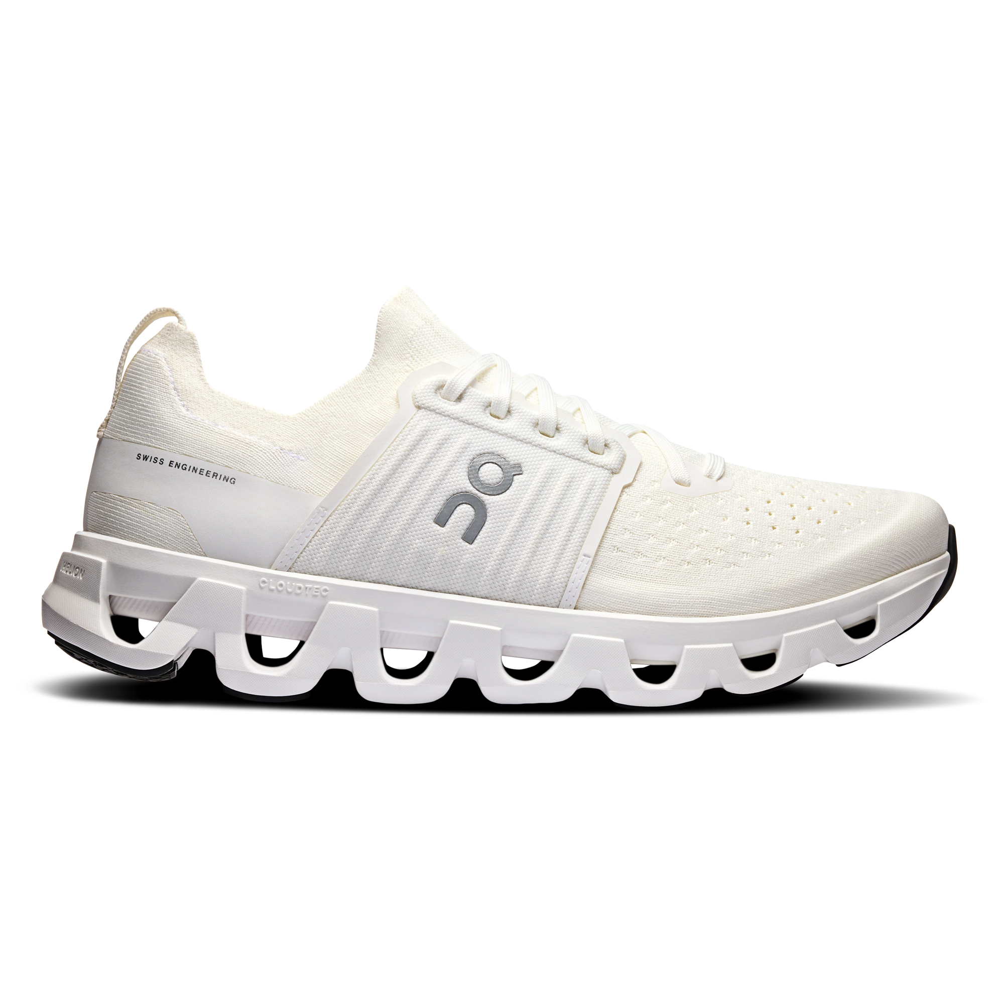 Side view on white background of Mens On Cloudswift 4 running shoe in White/White, Medium (Regular) width