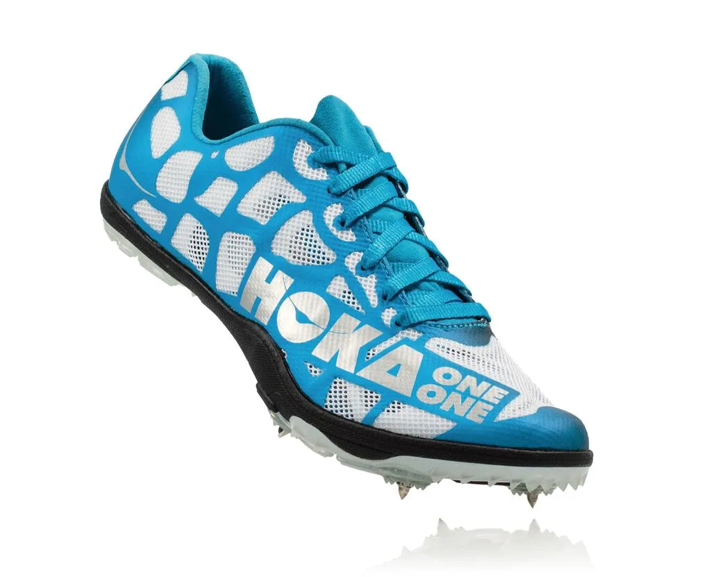 Side view on white background of Mens Hoka Rocket LD running shoe in White/Cyan, Medium (Regular) width