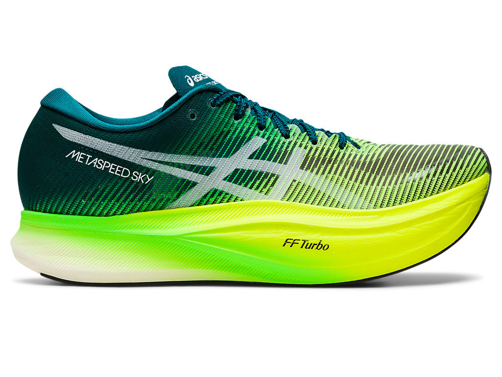 Women's Asics Metaspeed Sky+, Velvet Pine/Safety Yellow, 7.5 B Medium