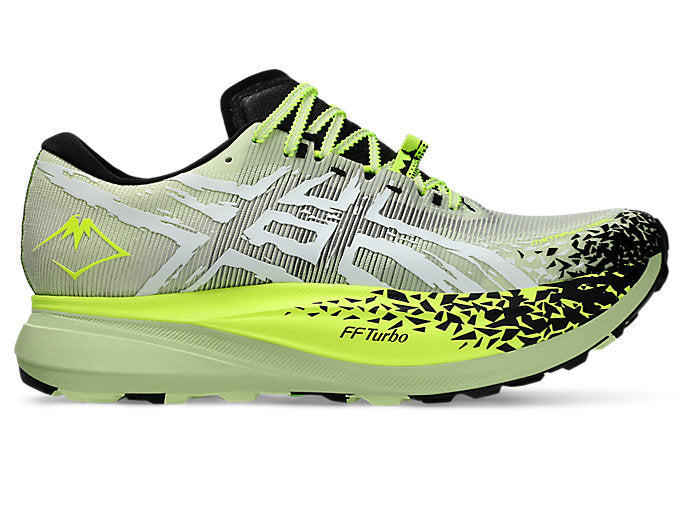 Side view on white background of Womens Asics Metafuji Trail running shoe in Cool Matcha/Black, Medium (Regular) width