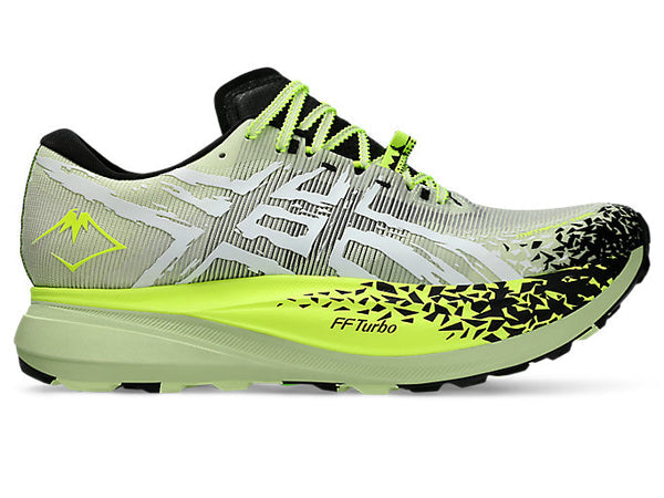 Side view on white background of Mens Asics Metafuji Trail running shoe in Cool Matcha/Black, Medium (Regular) width