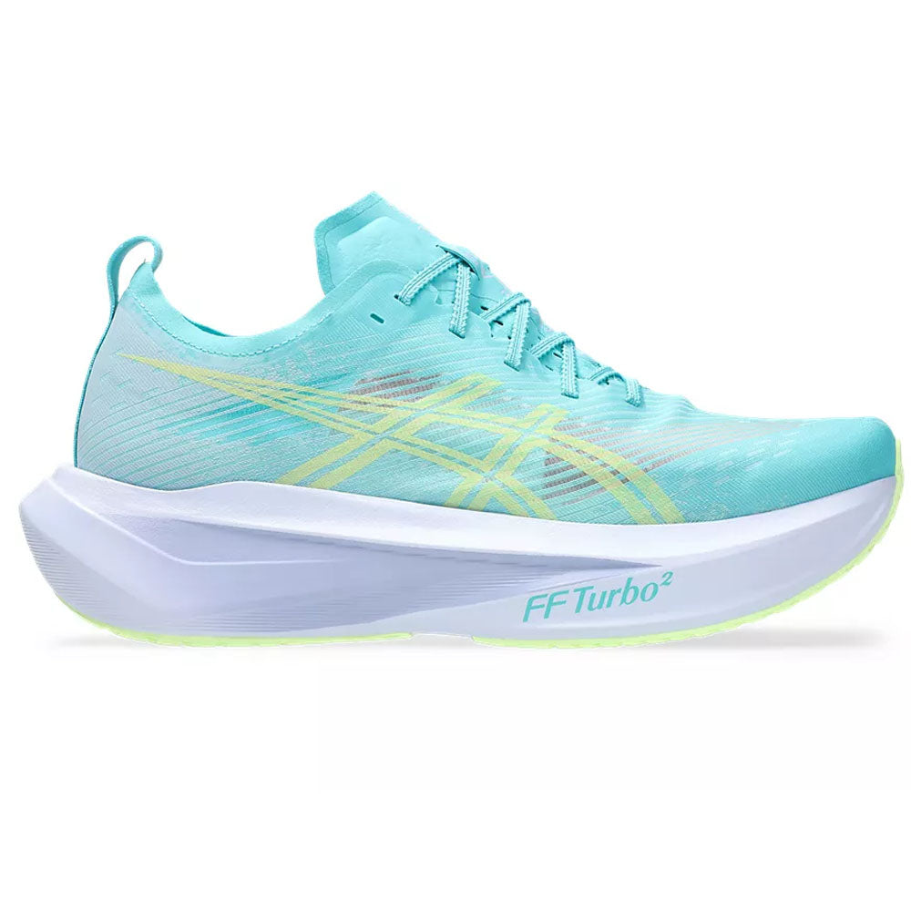 Side view on white background of Womens Asics Megablast running shoe in Energy Aqua/Blue Fade, Medium (Regular) width