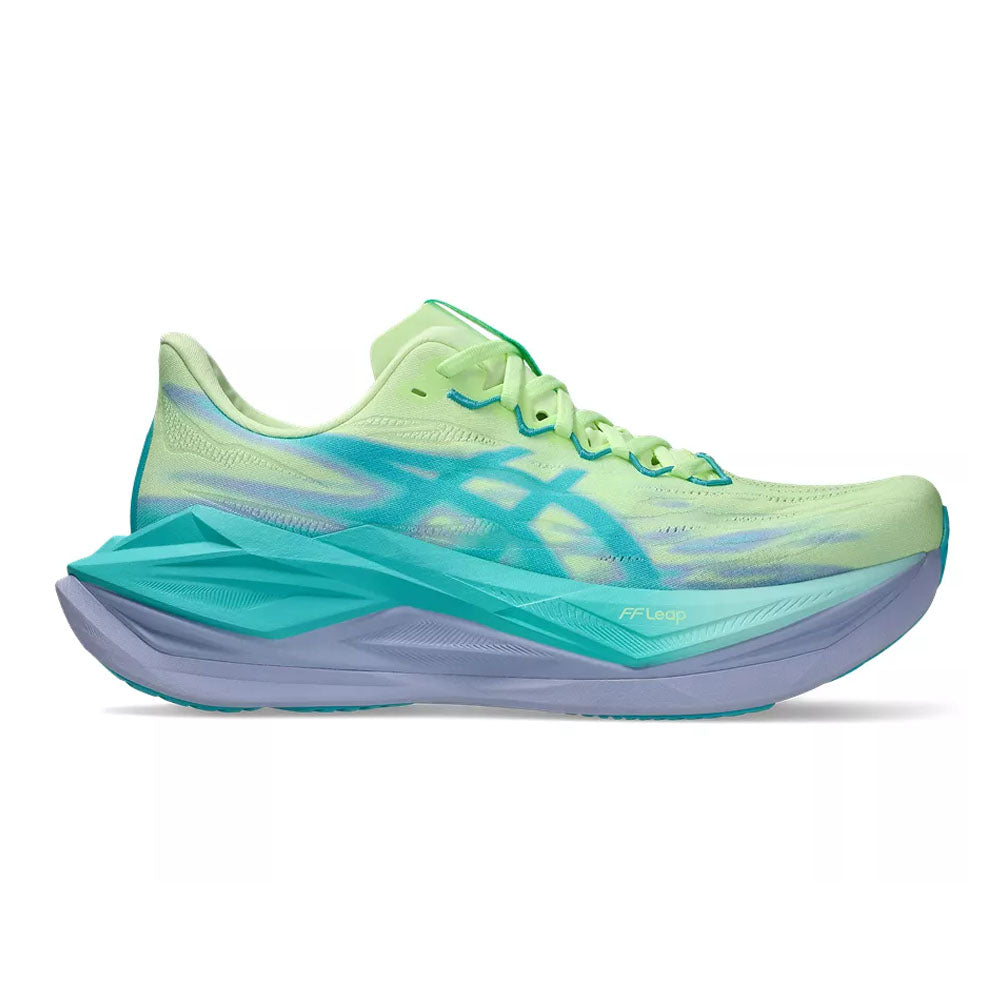 Side view on white background of Mens Asics Superblast running shoe in Illuminate Yellow/Energy Aqua, Medium (Regular) width