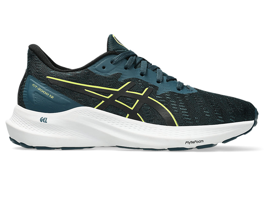 Side view on white background of Kids Asics GT-2000 12 GS running shoe in Tranquil Teal/Citron, Medium (Regular) width