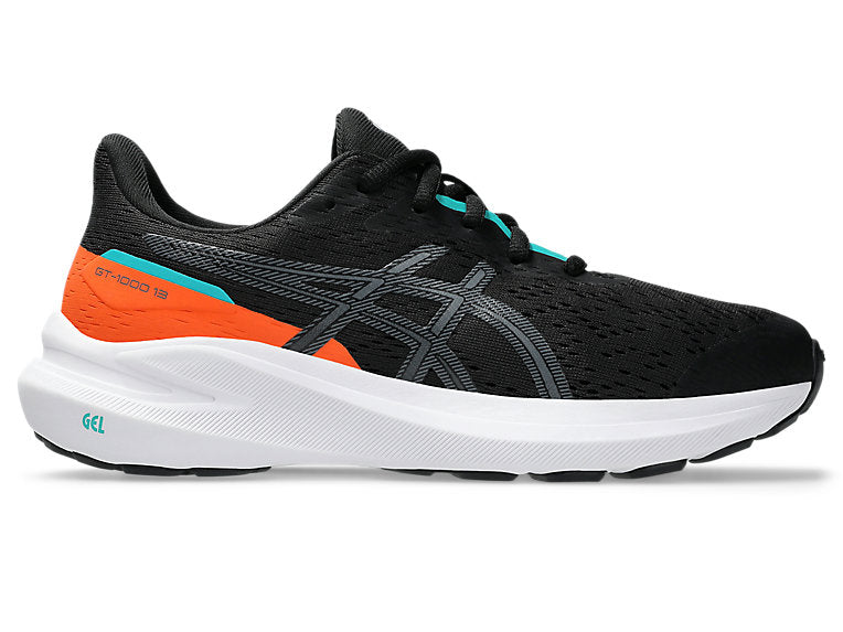 Side view on white background of Kids Asics GT-1000 13 GS running shoe in Black/Carbon, Medium (Regular) width