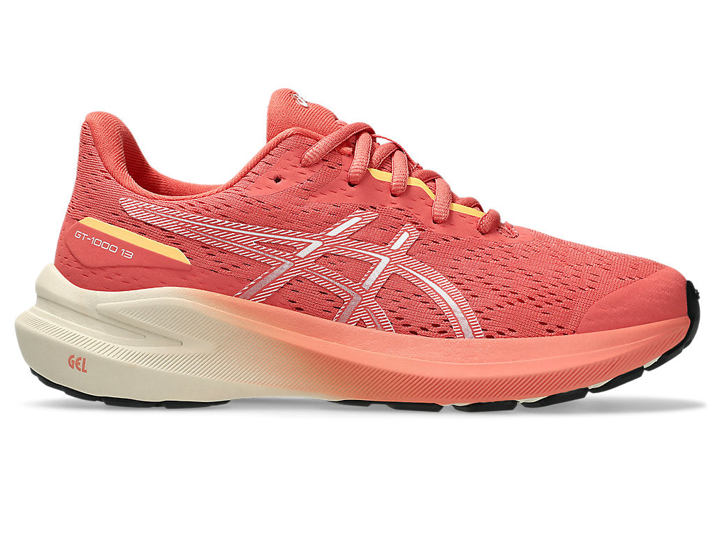 Side view on white background of Kids Asics GT-1000 13 GS running shoe in Dark Pink Clay/White, Medium (Regular) width