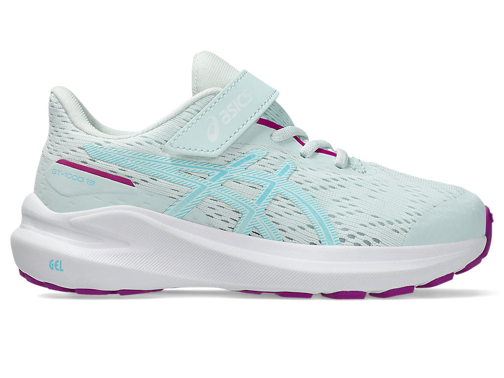 Side view on white background of Kids Asics GT-1000 13 PS running shoe in Soothing Sea/Bright Cyan, Medium (Regular) width