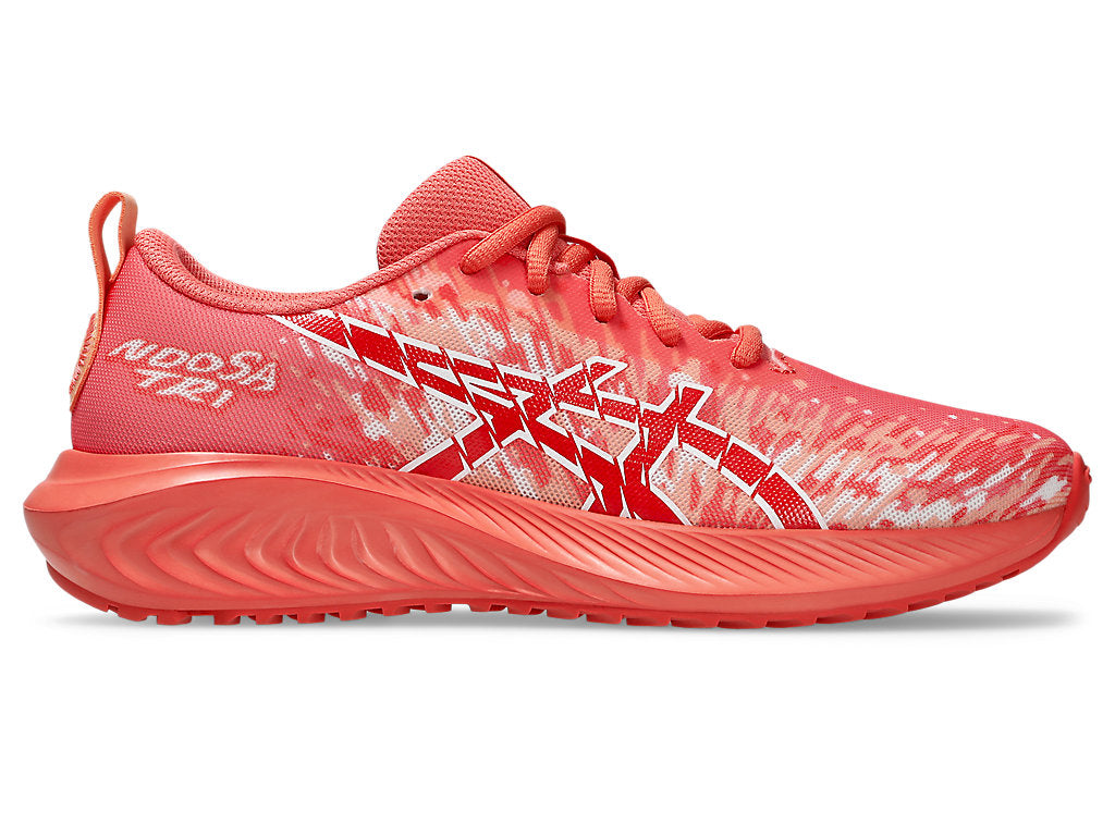 Side view on white background of Kids Asics Gel-Noosa Tri 16 GS running shoe in Papaya/Mojave, Medium (Regular) width