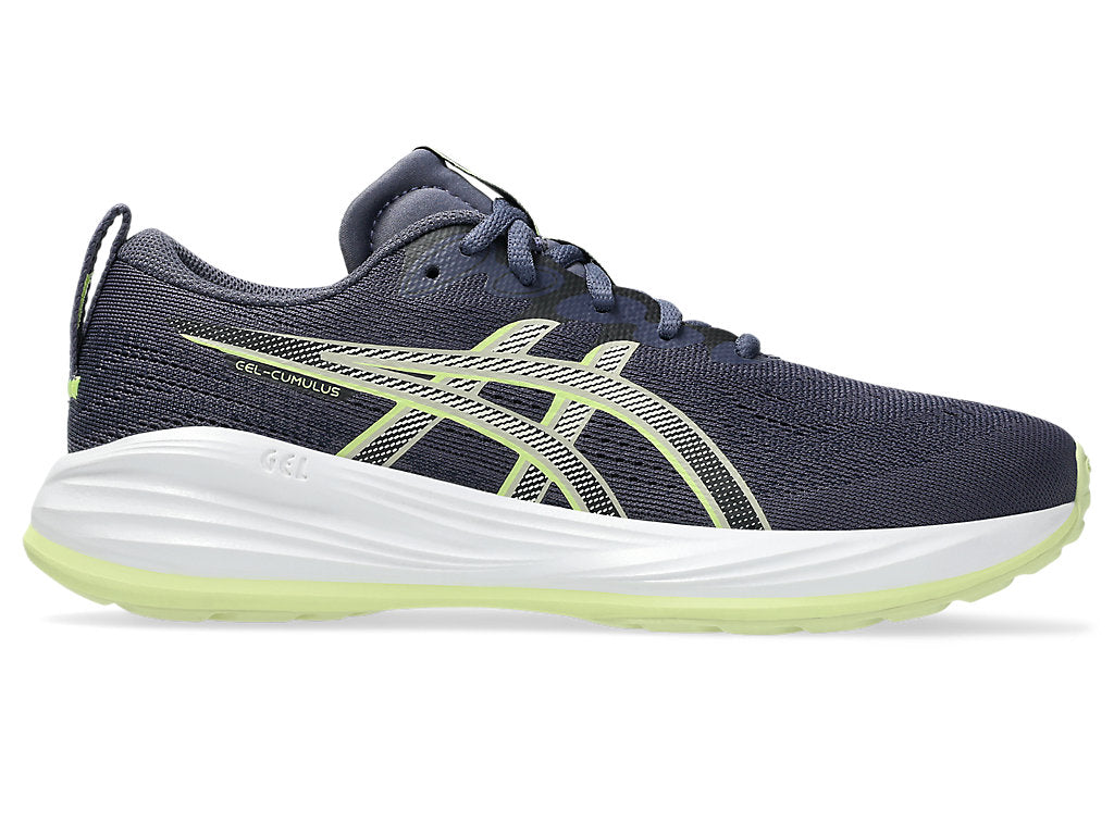 Side view on white background of Kids Asics Gel-Cumulus 27 GS running shoe in Indigo Fog/Lucid Yellow, Medium (Regular) width