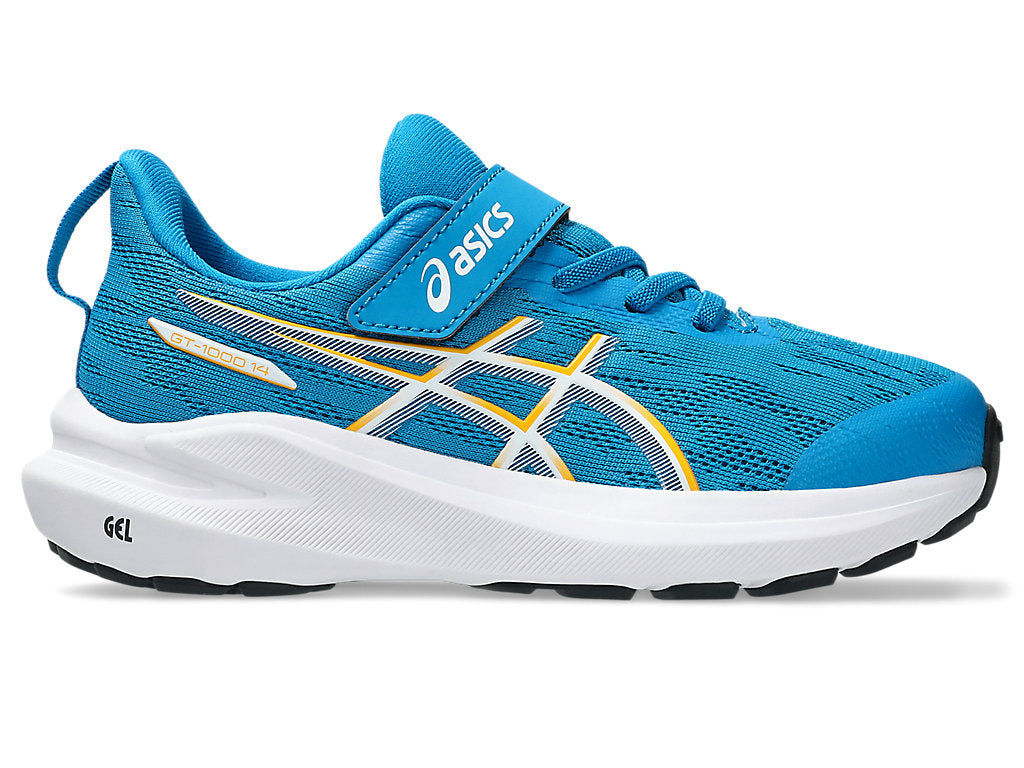 Side view on white background of Kids Asics GT-1000 14 PS running shoe in Aegean Blue/Yamabuki, Medium (Regular) width