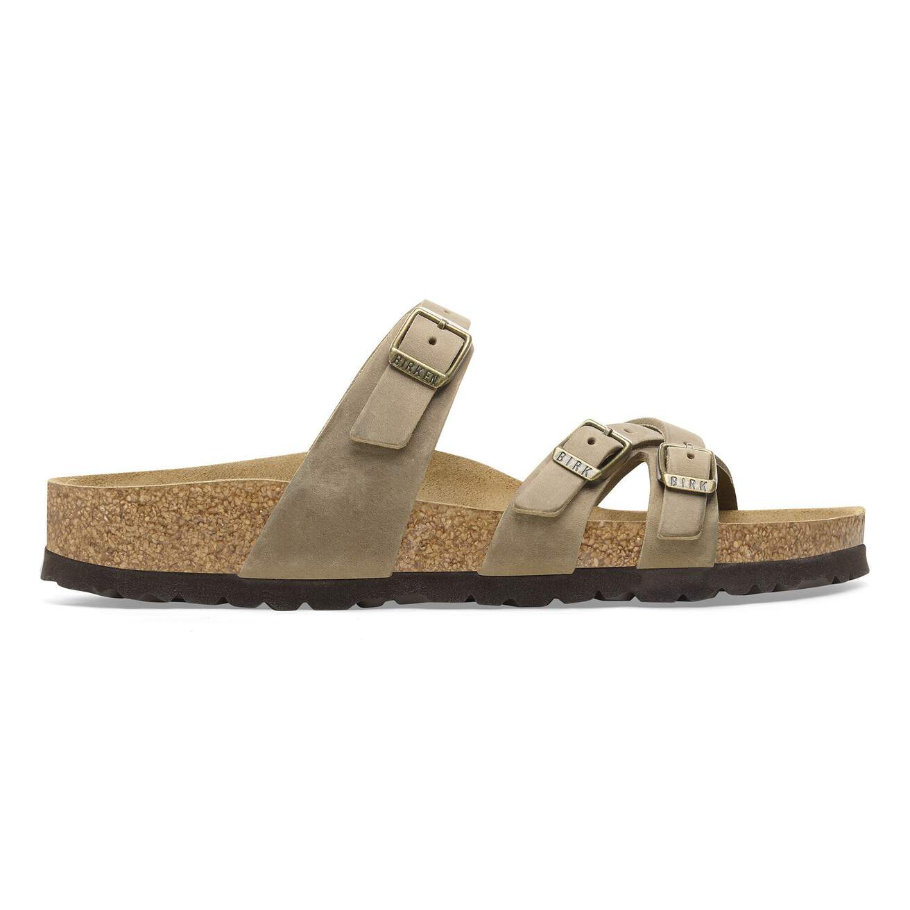 Side view on white background of Womens Birkenstock Franca running shoe in Tabacco Brown, Medium (Regular) width