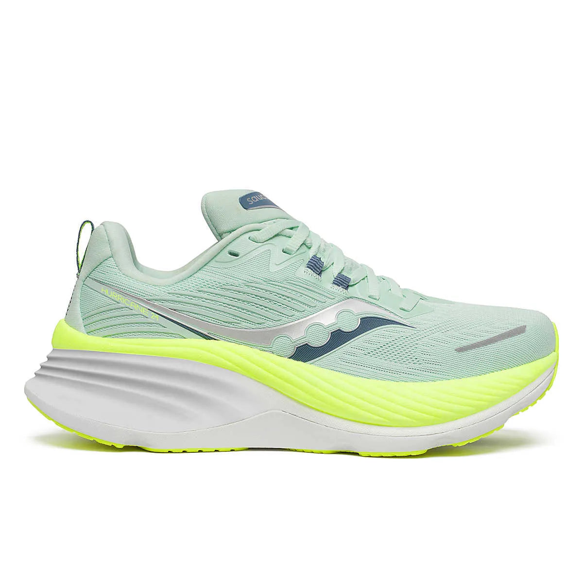Side view on white background of Womens Saucony Hurricane 24 running shoe in Jade/Citron, Medium (Regular) width
