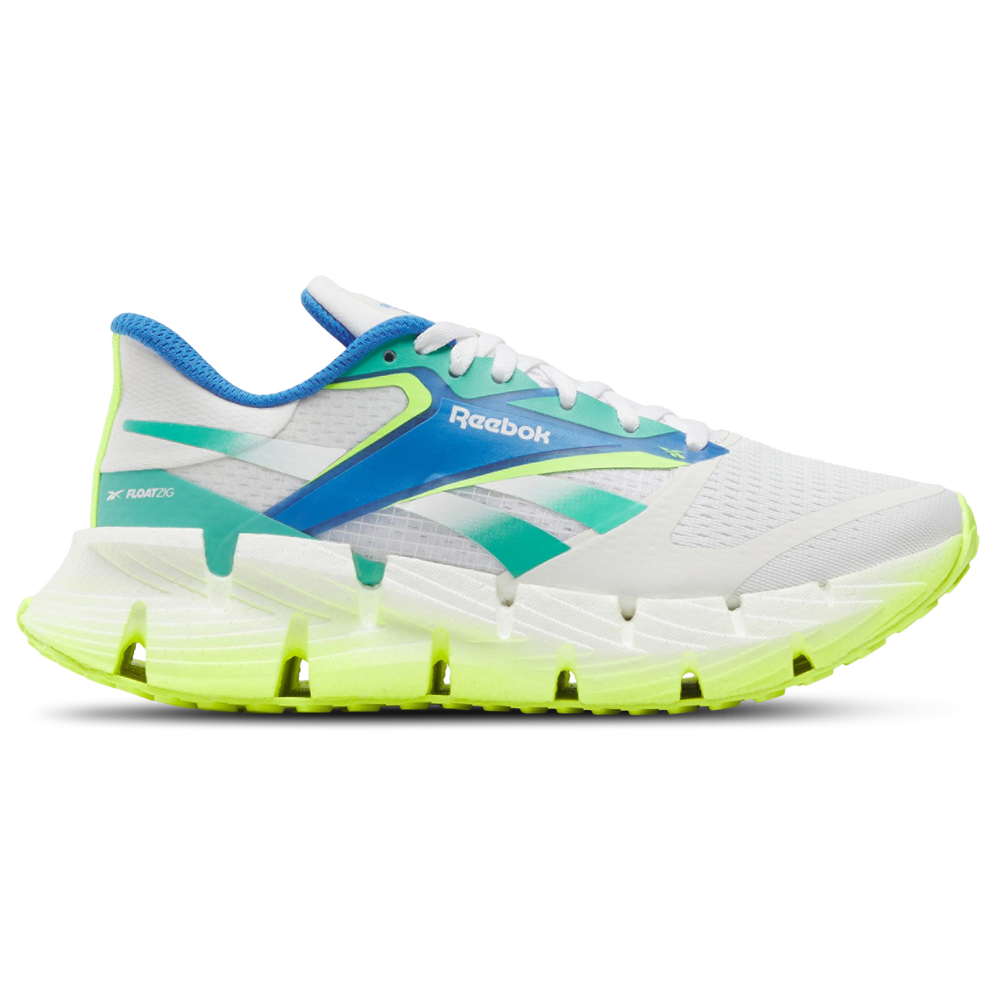 Side view on white background of Womens Reebok Floatzig 1 running shoe in White/Unleashed Green/Digital Lime, Medium (Regular) width