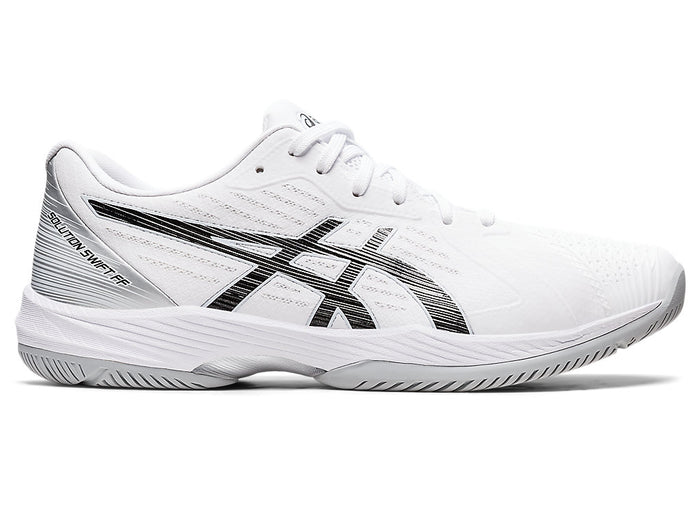 Side view on white background of Mens Asics Solution Swift FlyteFoam running shoe in White and Black, Medium width