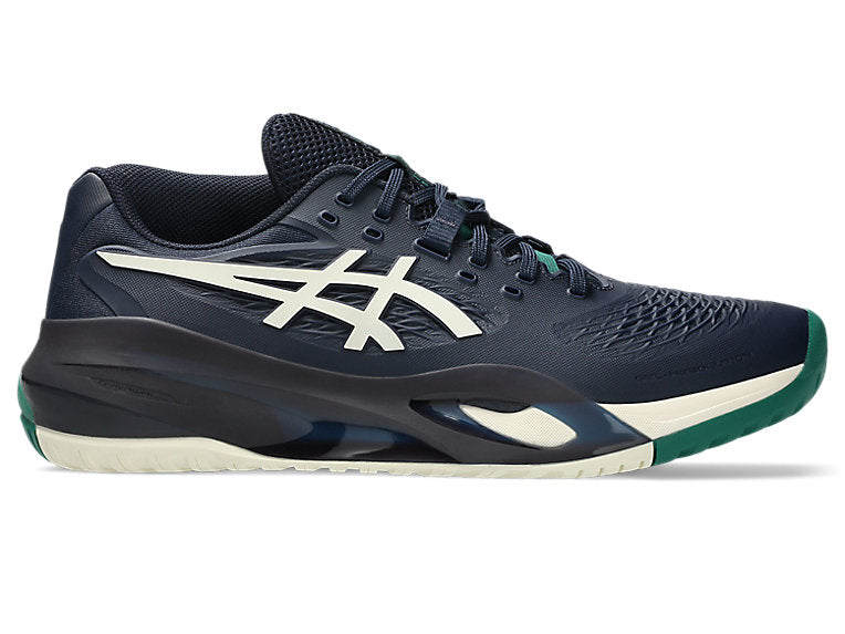 Side view on white background of Mens Asics Gel-Resolution X running shoe in Midnight/Cream, Medium (Regular) width