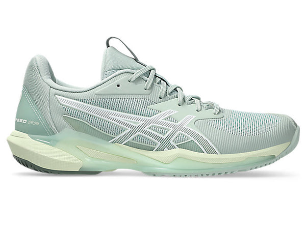 Side view on white background of Womens Asics Solution Speed FlyteFoam 3 running shoe in Lichen Rock/White, Medium (Regular) width
