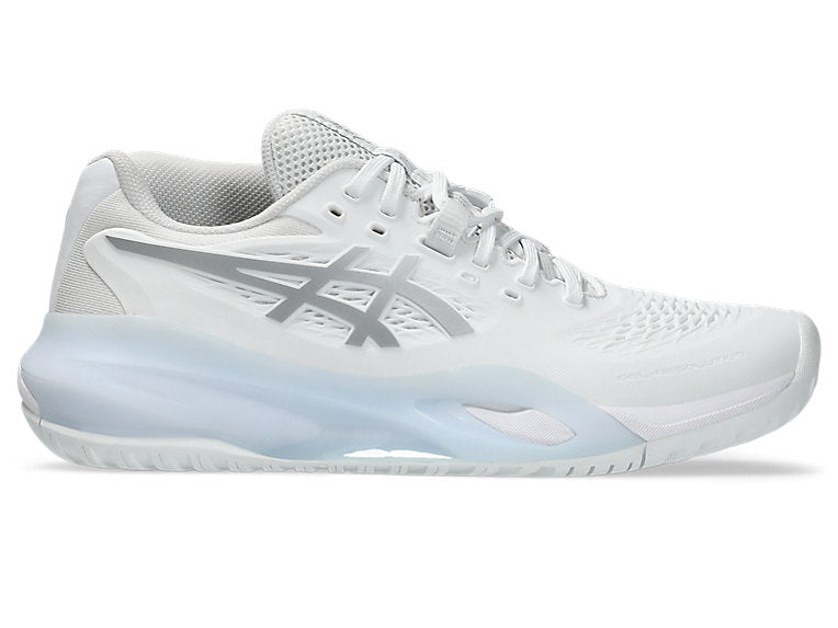 Side view on white background of Womens Asics Gel-Resolution X running shoe in White/Pure Silver, Medium (Regular) width