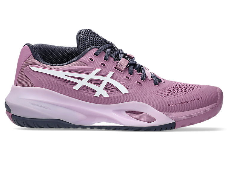 Side view on white background of Womens Asics Gel-Resolution X running shoe in Ube/White, Medium (Regular) width