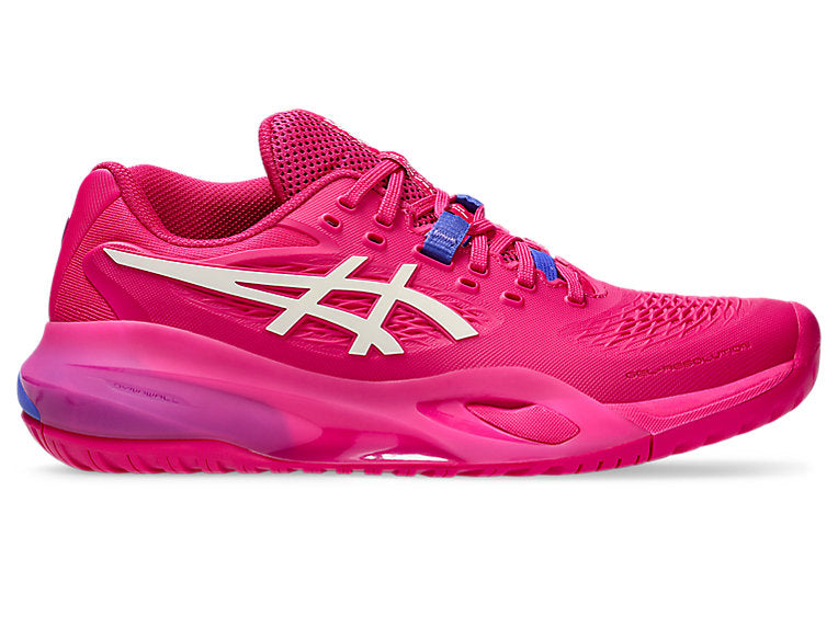 Side view on white background of Womens Asics Gel-Resolution X running shoe in Bright Rose/Cream, Medium (Regular) width