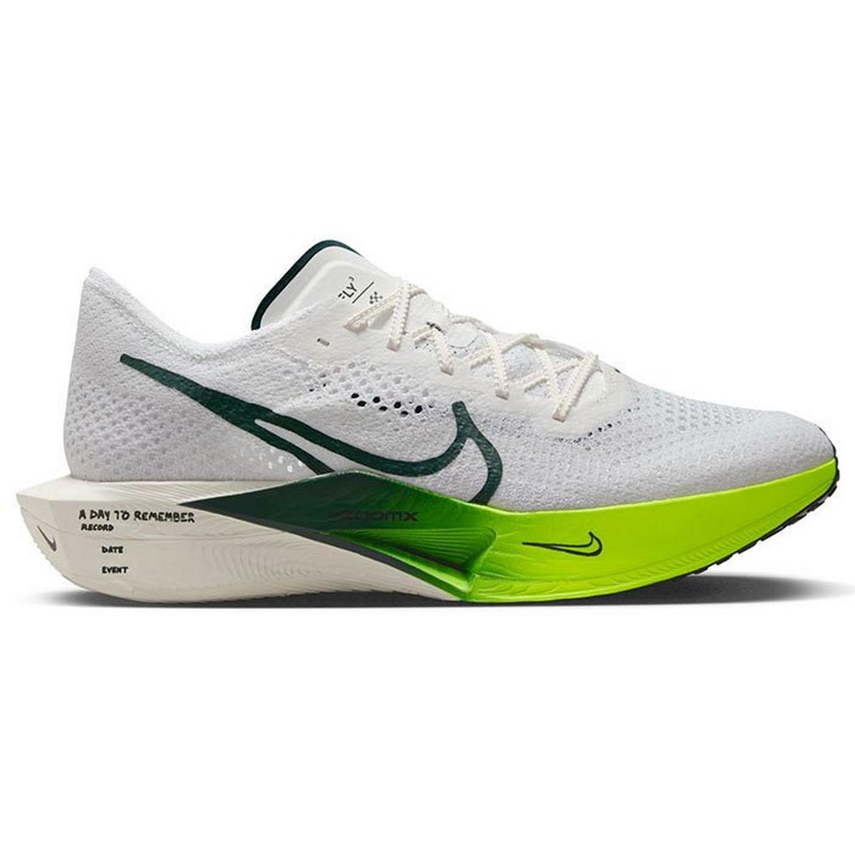 Side view on white background of Womens Nike ZoomX Vaporfly Next% 3 running shoe in White/Pro Green-Volt-Sail, Medium (Regular) width