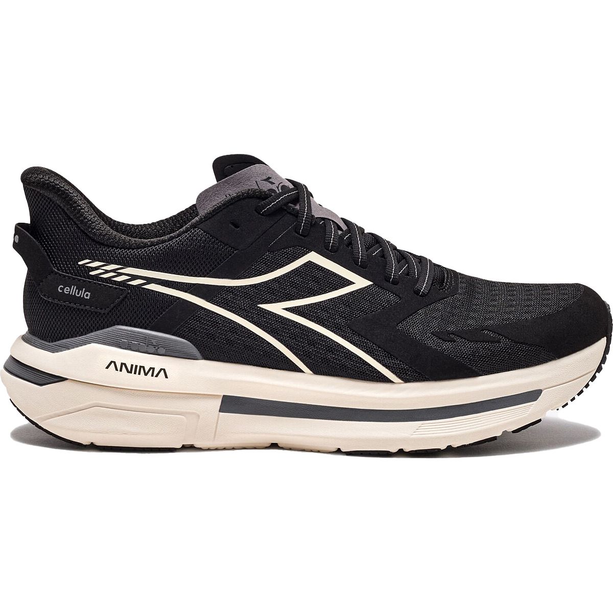 Side view on white background of Mens Diadora Cellula running shoe in Black/Whisper White, Medium (Regular) width