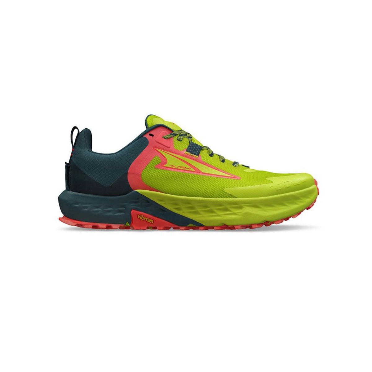 Side view on white background of Mens Altra Timp 5 running shoe in Lime, Medium (Regular) width