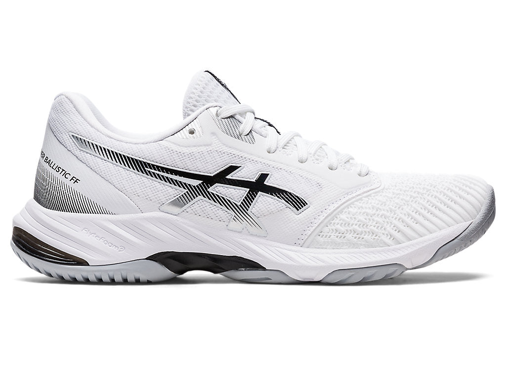 Side view on white background of Womens Asics Netburner Ballistic FF 3 running shoe in White/Black, Wide width