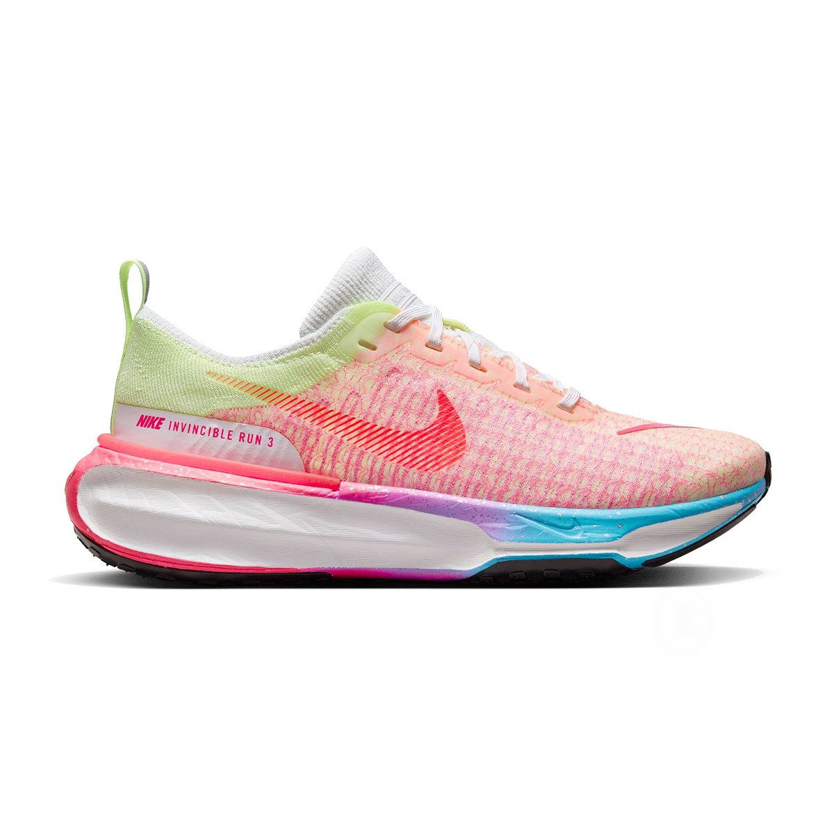 Side view on white background of Womens Nike Invincible 3 running shoe in Barely Volt/Hyper Pink/White, Medium (Regular) width