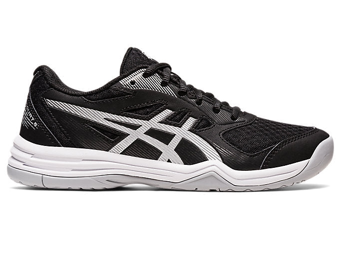 Side view on white background of Womens Asics Upcourt 5 running shoe in Black/Pure Silver, Wide width