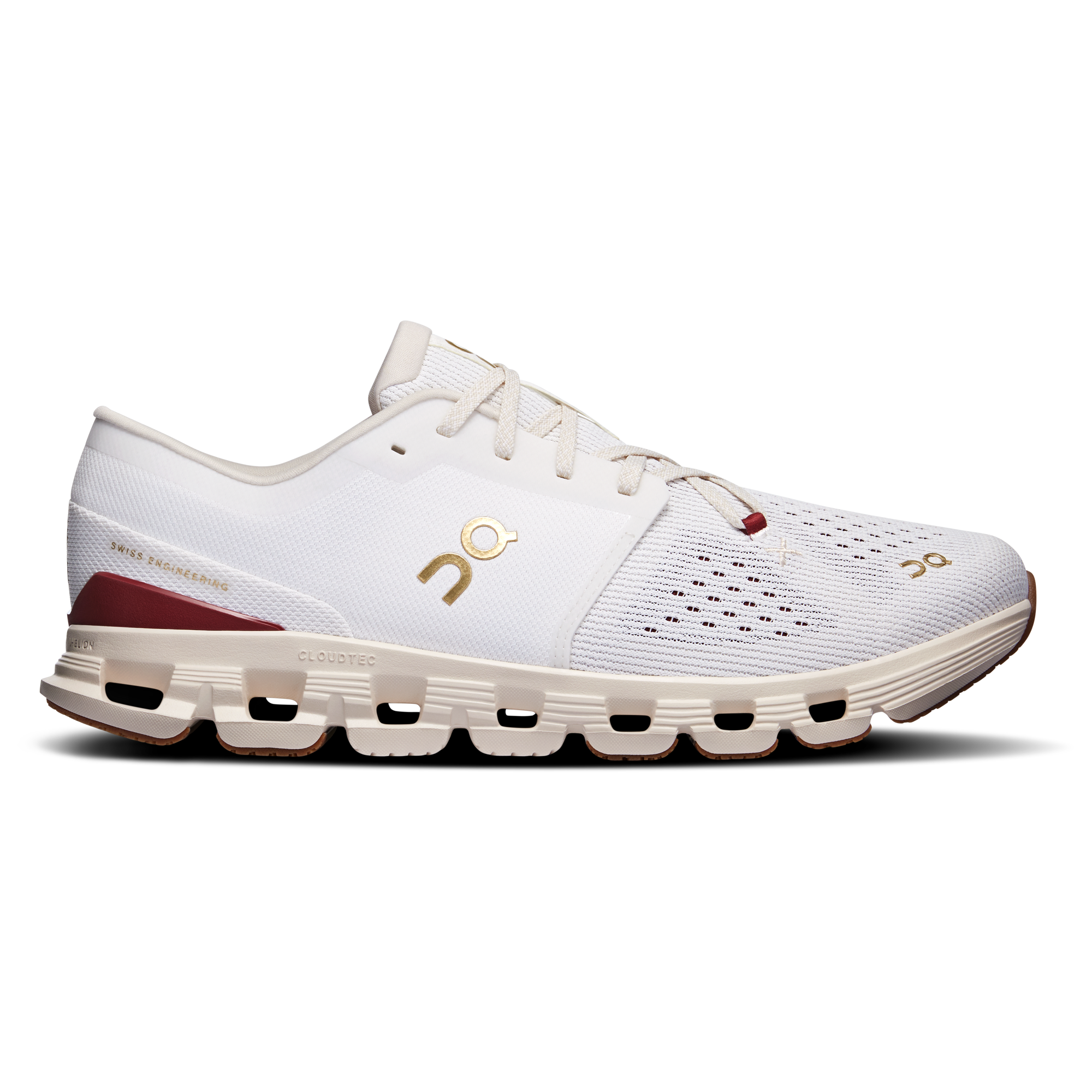 Side view on white background of Mens On Cloud X 4 running shoe in Ivory/Cream, Medium (Regular) width