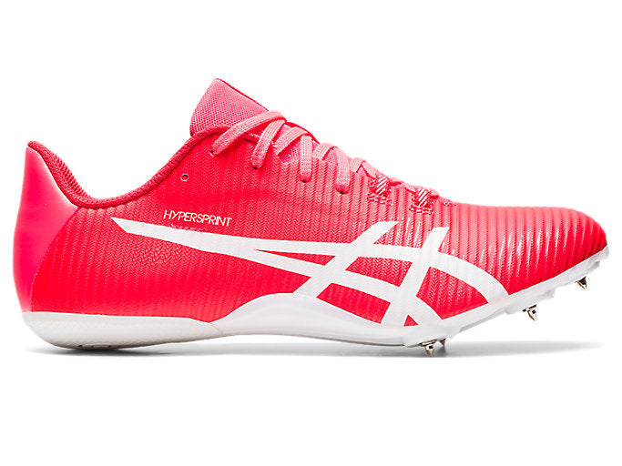 Side view on white background of Mens Asics Hypersprint 8 running shoe in Diva Pink/White, Medium (Regular) width