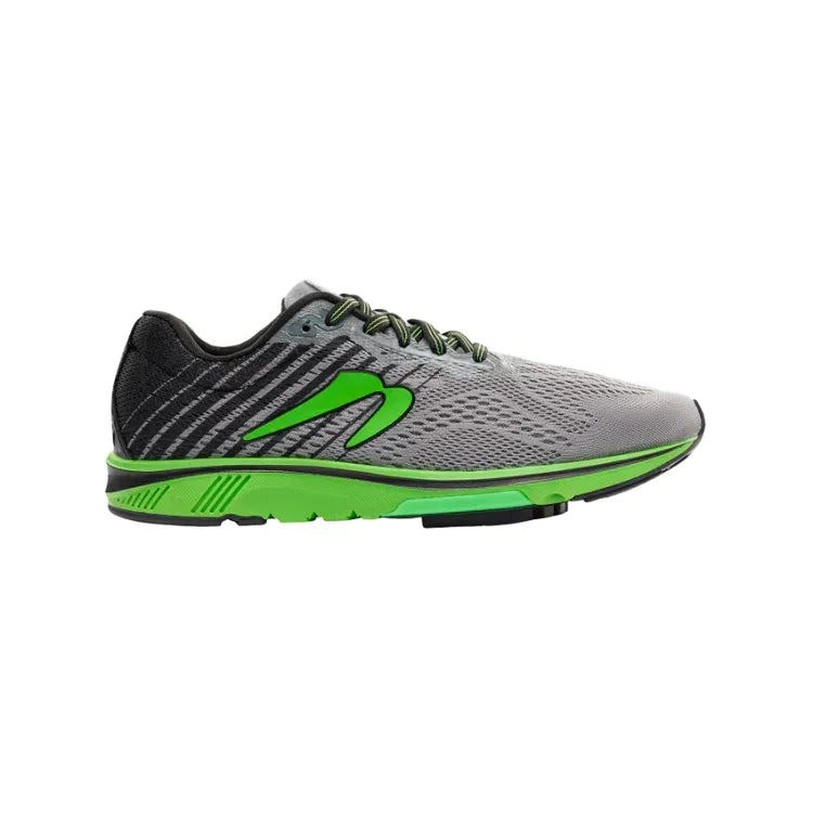 Side view on white background of Mens Newton Running Gravity 11 running shoe in Gray/Green, Medium (Regular) width