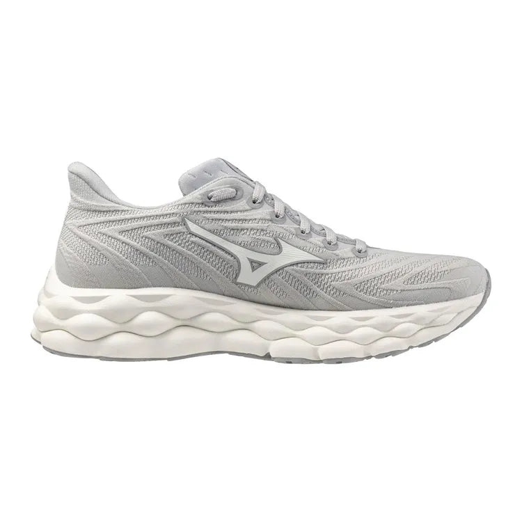 Side view on white background of Womens Mizuno Wave Sky 8 running shoe in Harbor Mist/White, Medium (Regular) width
