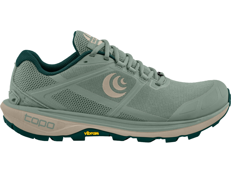Side view on white background of Womens Topo Athletic Terraventure 4 running shoe in Sage/Tan, Medium (Regular) width