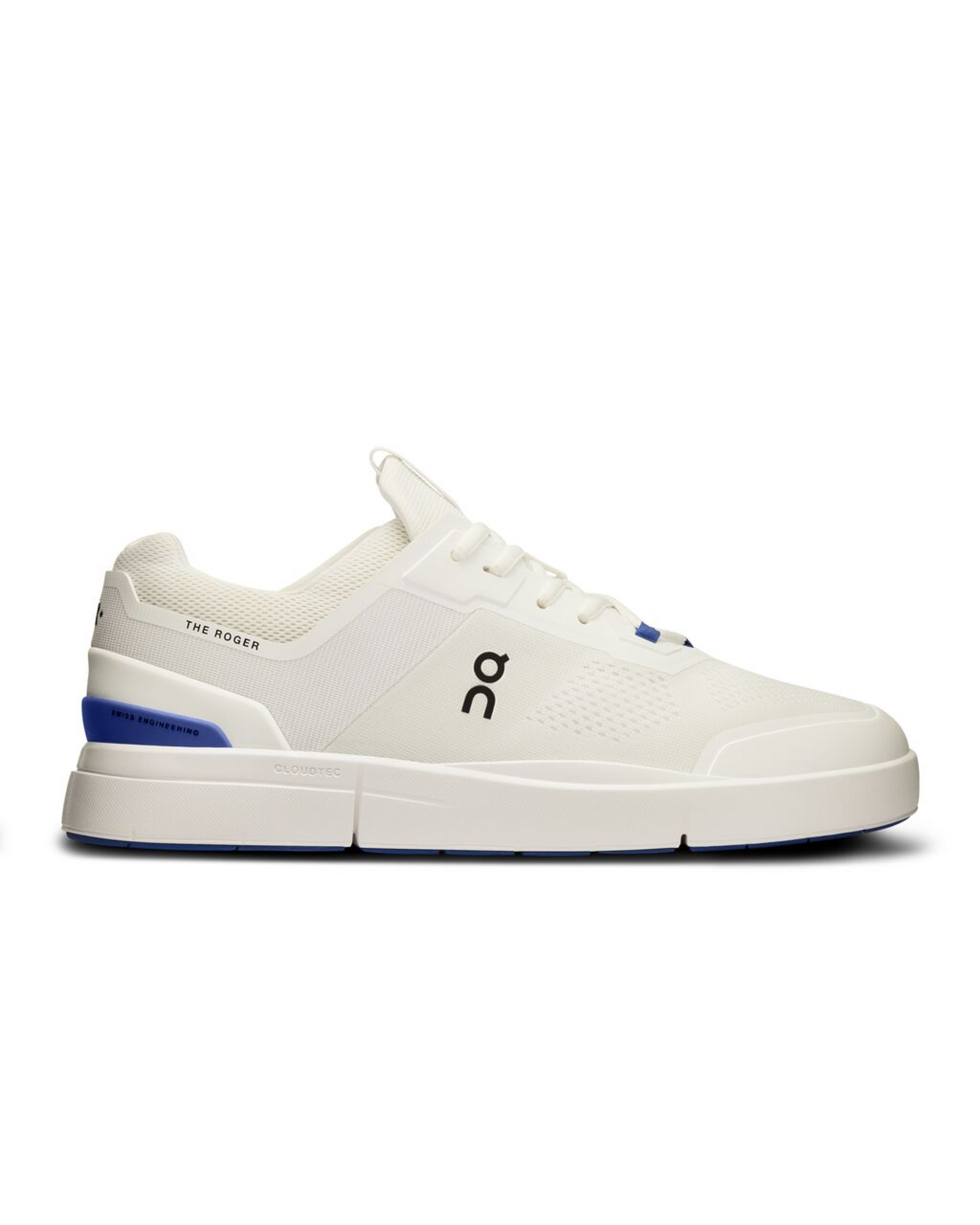 Side view on white background of Mens On The Roger Spin 2 running shoe in Undyed/Indigo, Medium (Regular) width