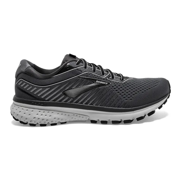 Side view on white background of Mens Brooks Ghost 12 running shoe in Black/Pearl/Oyster, Wide width