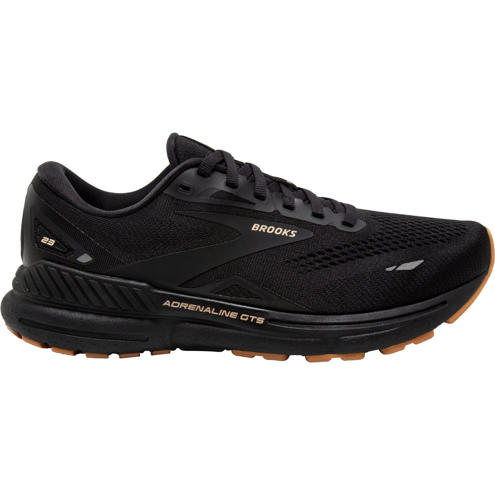 Side view on white background of Mens Brooks Adrenaline GTS running shoe in Black/Cream/Biscuit, Medium (Regular) width