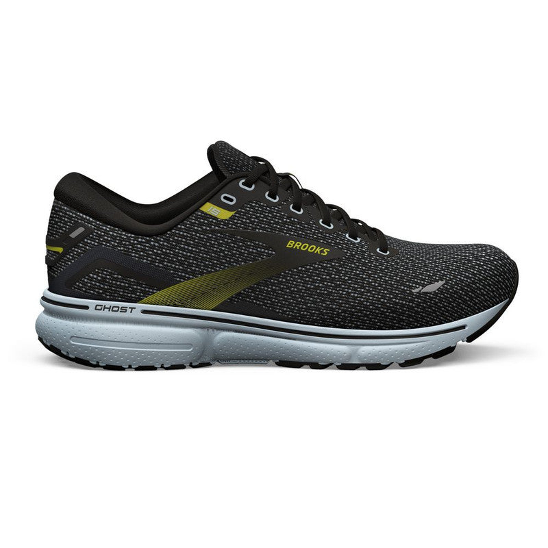 Men's Brooks Ghost 15, Black/Ballad Blue/Sulphur, 11.5 D Medium