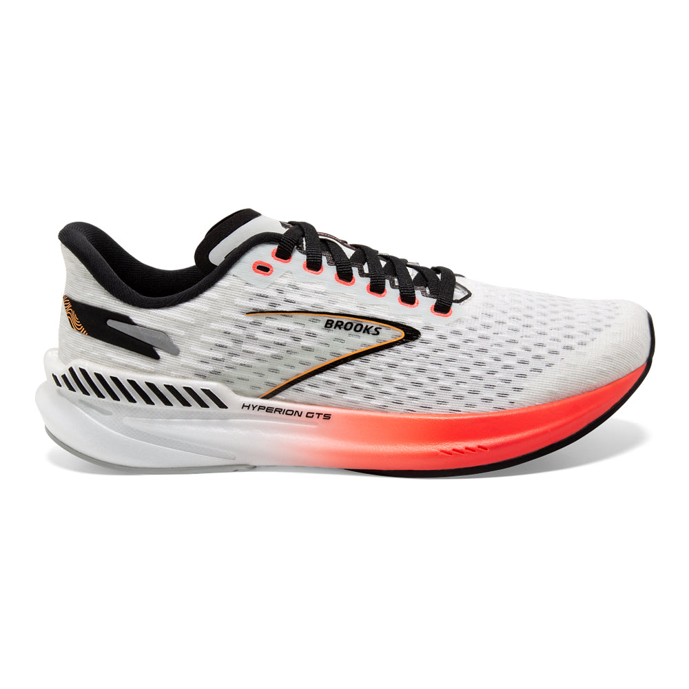 Side view on white background of Mens Brooks Hyperion running shoe in Blue/Fiery Coral/Orange, Medium (Regular) width