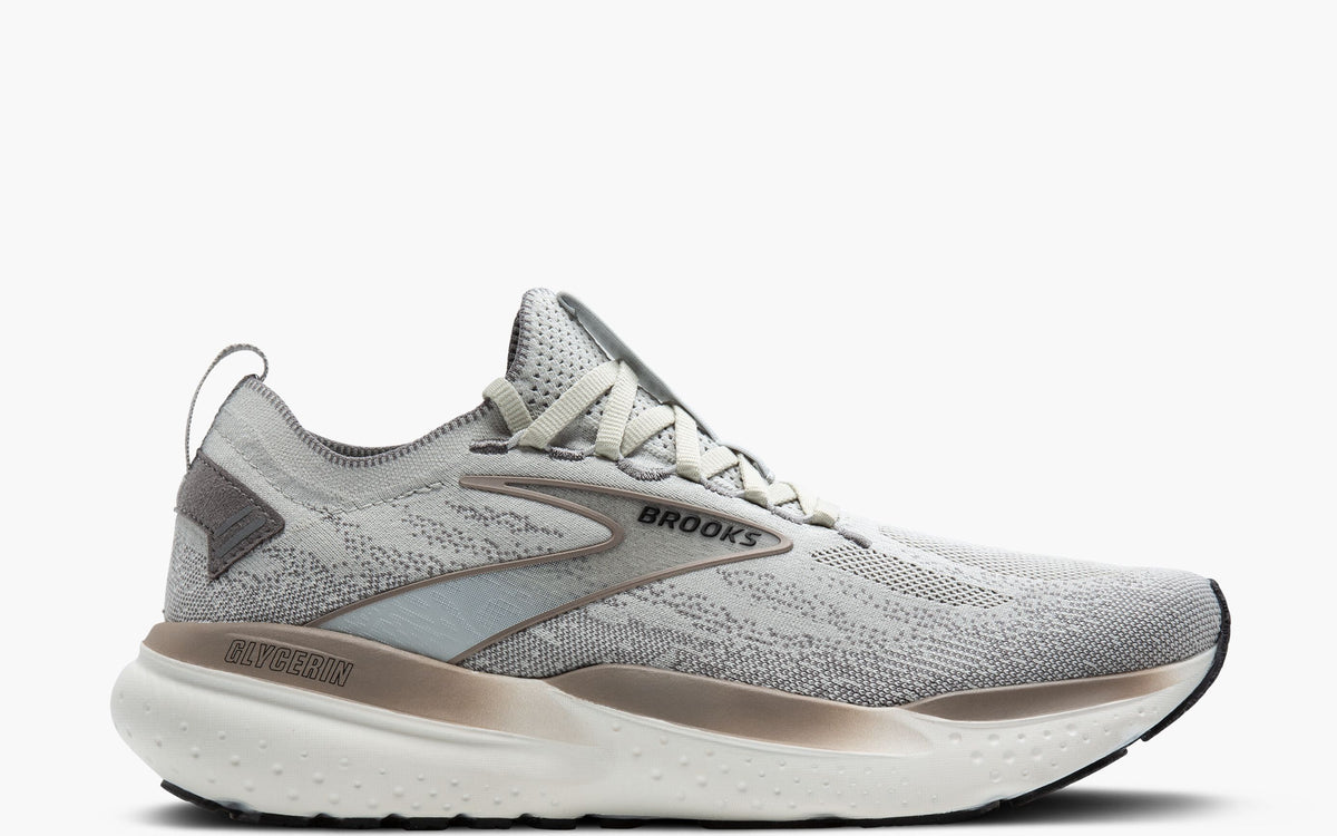 Side view on white background of Mens Brooks Glycerin StealthFit 21 running shoe in Grey/Frost Grey/Champagne, Medium (Regular) width