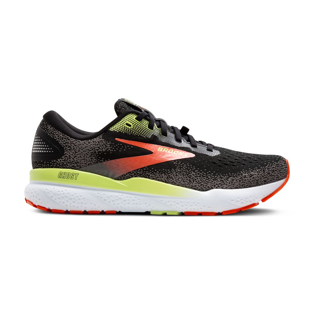 Men's Brooks Ghost 16 GTX, Black/Mandarin Red/Green, 13 D Medium