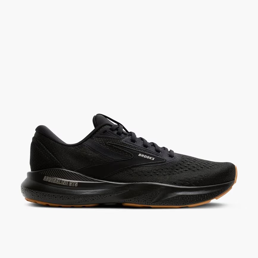 Side view on white background of Mens Brooks Adrenaline GTS 24 running shoe in Black/Biscuit, Medium (Regular) width