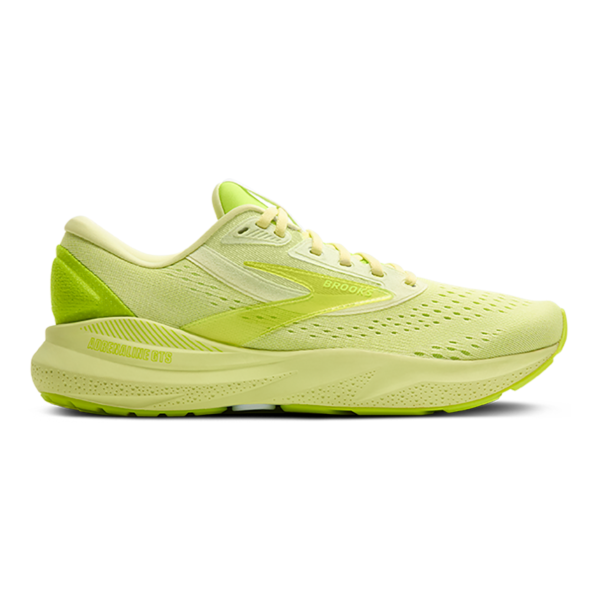 Side view on white background of Mens Brooks Adrenaline GTS 24 running shoe in Lime Green/Nightlife, Medium (Regular) width